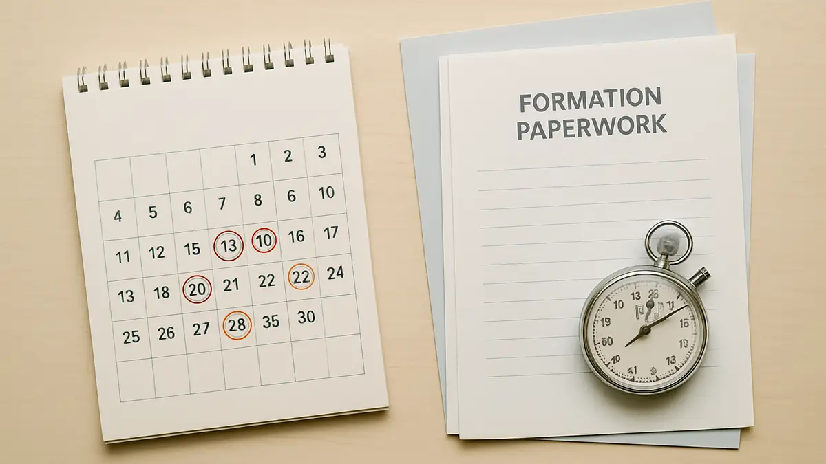 Overhead flat-lay of a desk calendar and business formation paperwork with a stopwatch